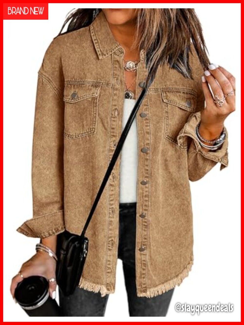 Oversized Button Down Denim Jacket Frayed Hem Western Shacket